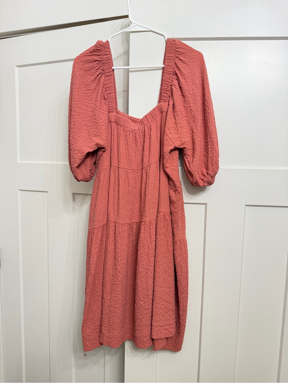 Smocked Puff-Sleeve Midi Dress in Dusty Coral